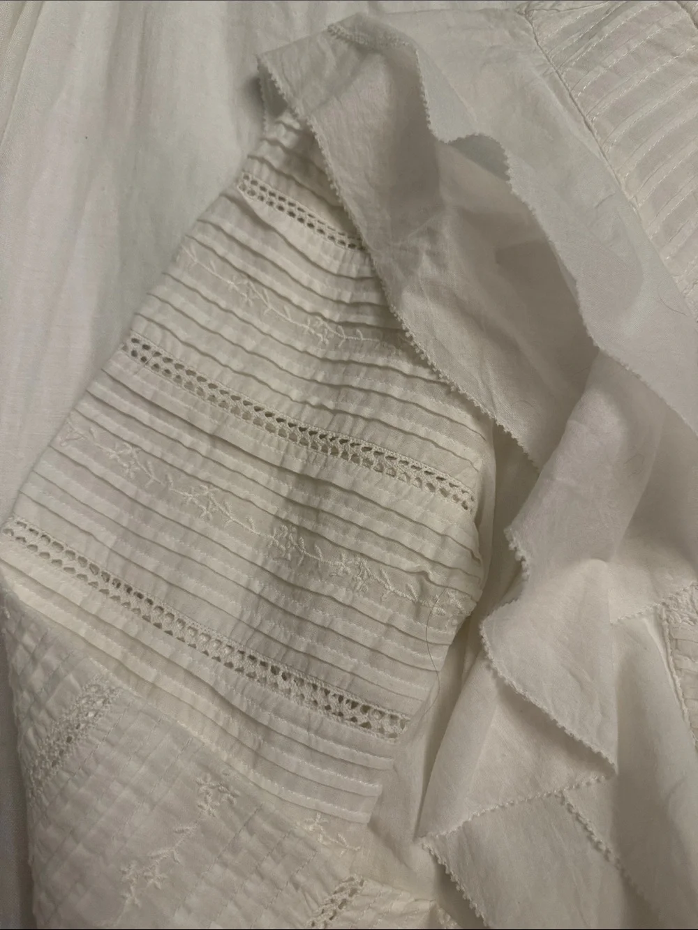 Anthropologie White Embroidered Ruffle Long Sleeve Blouse